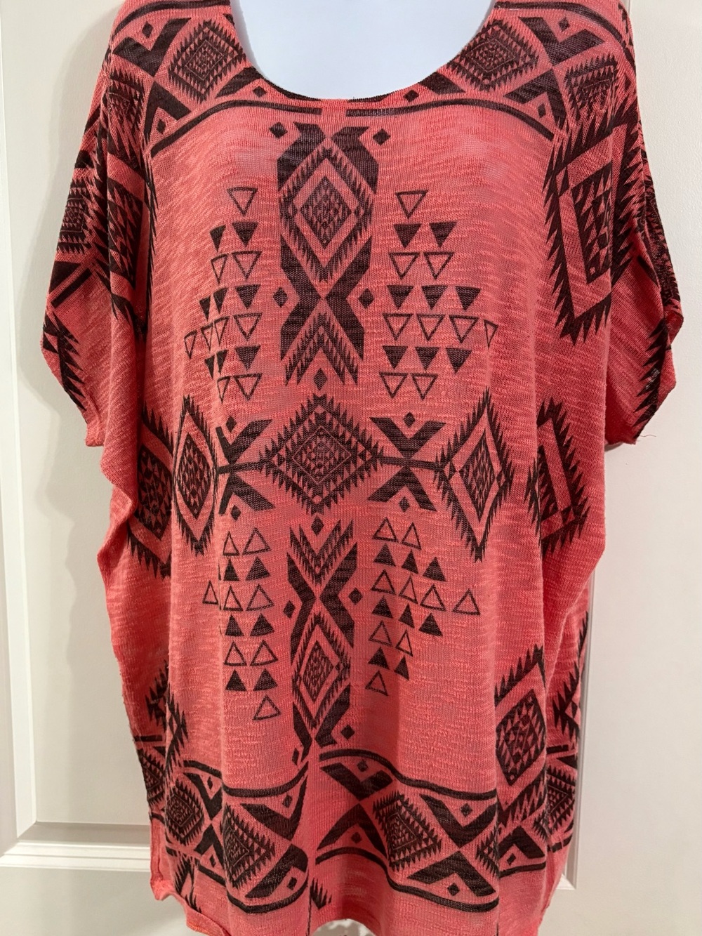 JM Collection Coral and Black Aztec-Print Dolman Top